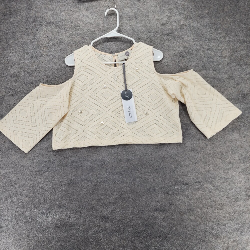 Soul of Mu Shirt Womens Medium Crop Cold Shoulder Ivory Open Knit